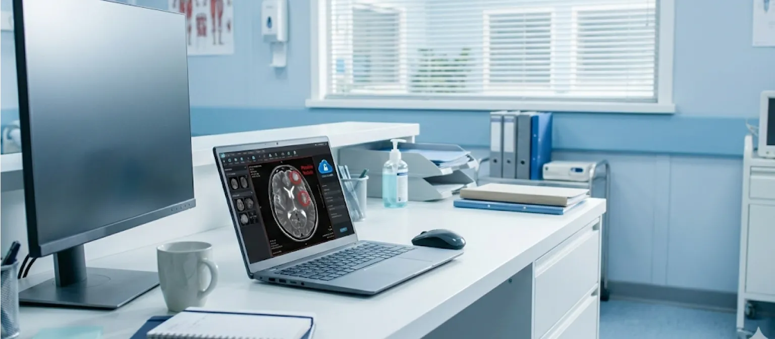 Radiologist using unified RIS PACS AI platform in modern diagnostic center